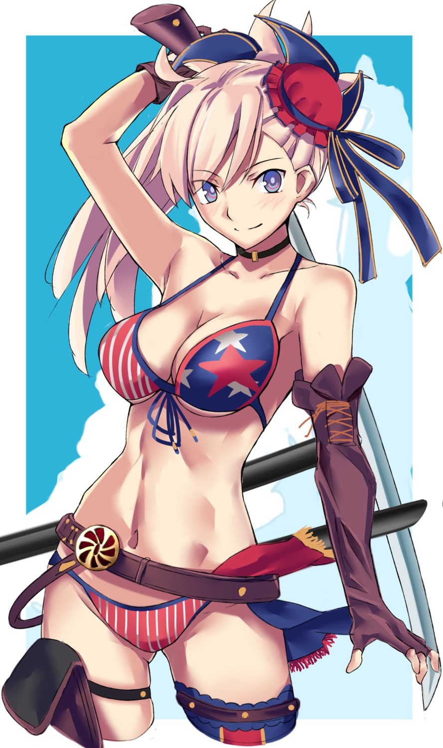 bikini cleavage fate/grand_order garter miyamoto_musashi_(fate/grand_order) swimsuits sword thighhighs underboob yuchio