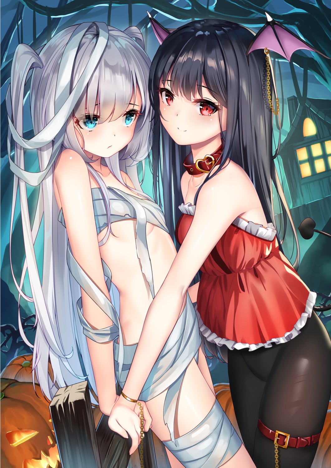 bandages garter halloween loli naked_ribbon no_bra pantyhose tail wings yan_(nicknikg)