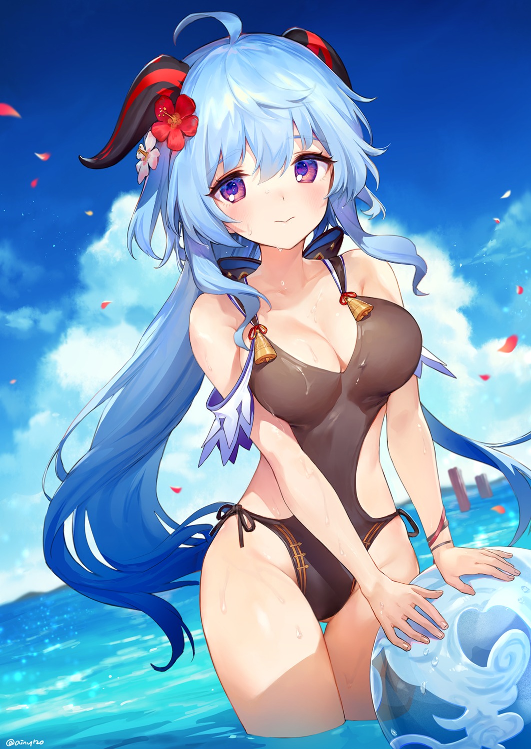 ainy cleavage ganyu genshin_impact horns swimsuits wet