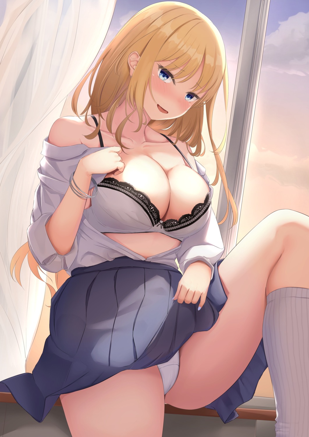 bra cameltoe kanade_pa open_shirt pantsu seifuku skirt_lift undressing