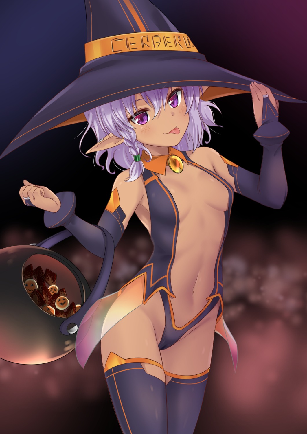cameltoe halloween leotard mint_(cerbi) no_bra pointy_ears thighhighs witch