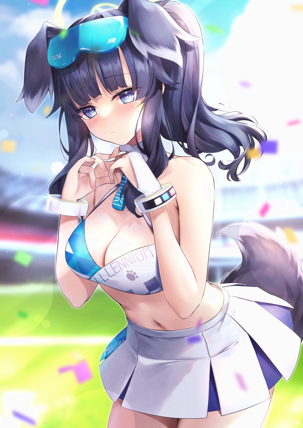 animal_ears blue_archive cheerleader cleavage halo hane_yuki inumimi nekozuka_hibiki no_bra skirt_lift tail tattoo