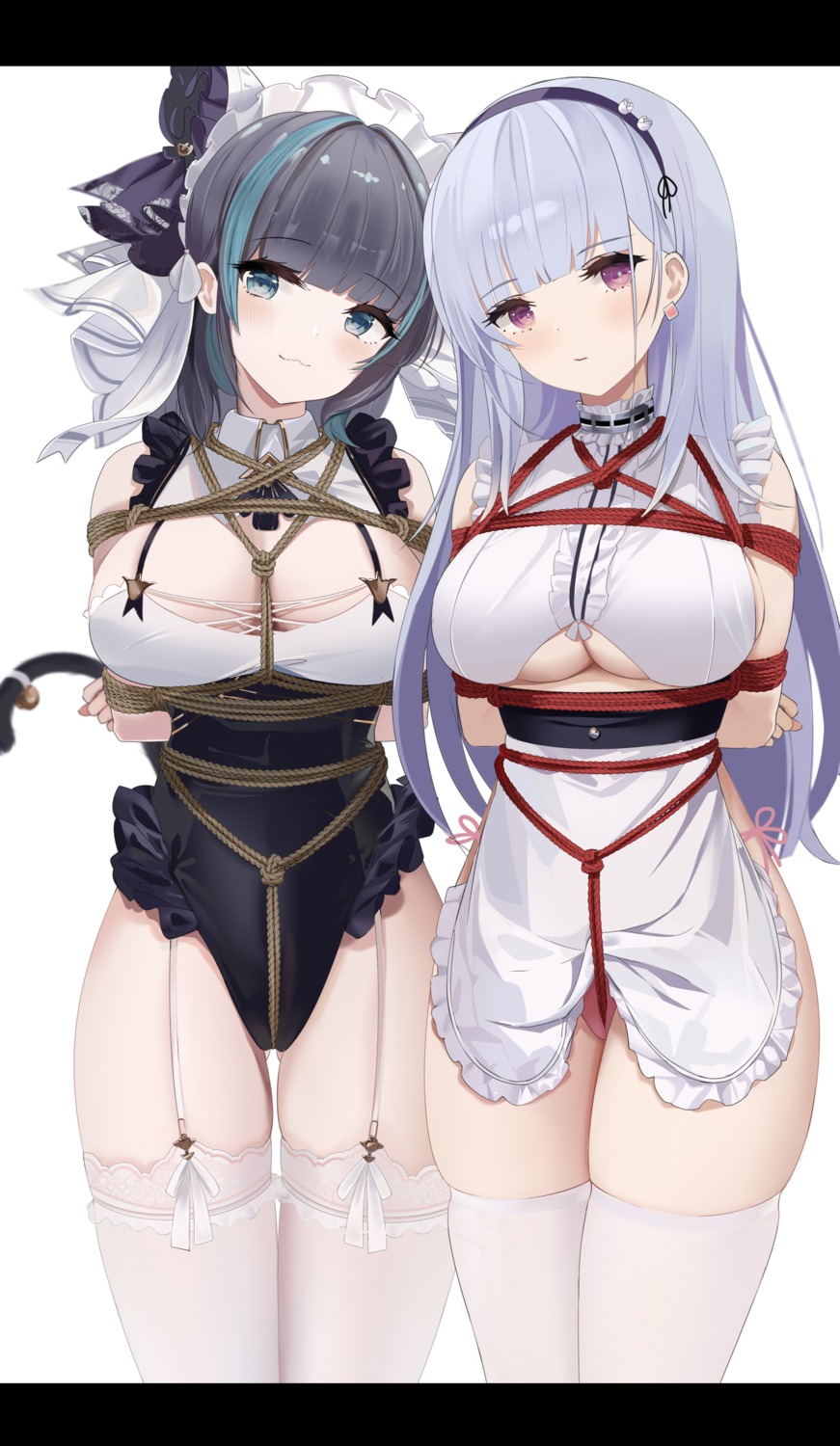 azur_lane bondage cheshire_(azur_lane) cleavage dido_(azur_lane) maid no_bra pantsu stockings string_panties thighhighs underboob yuuraku_yuraku