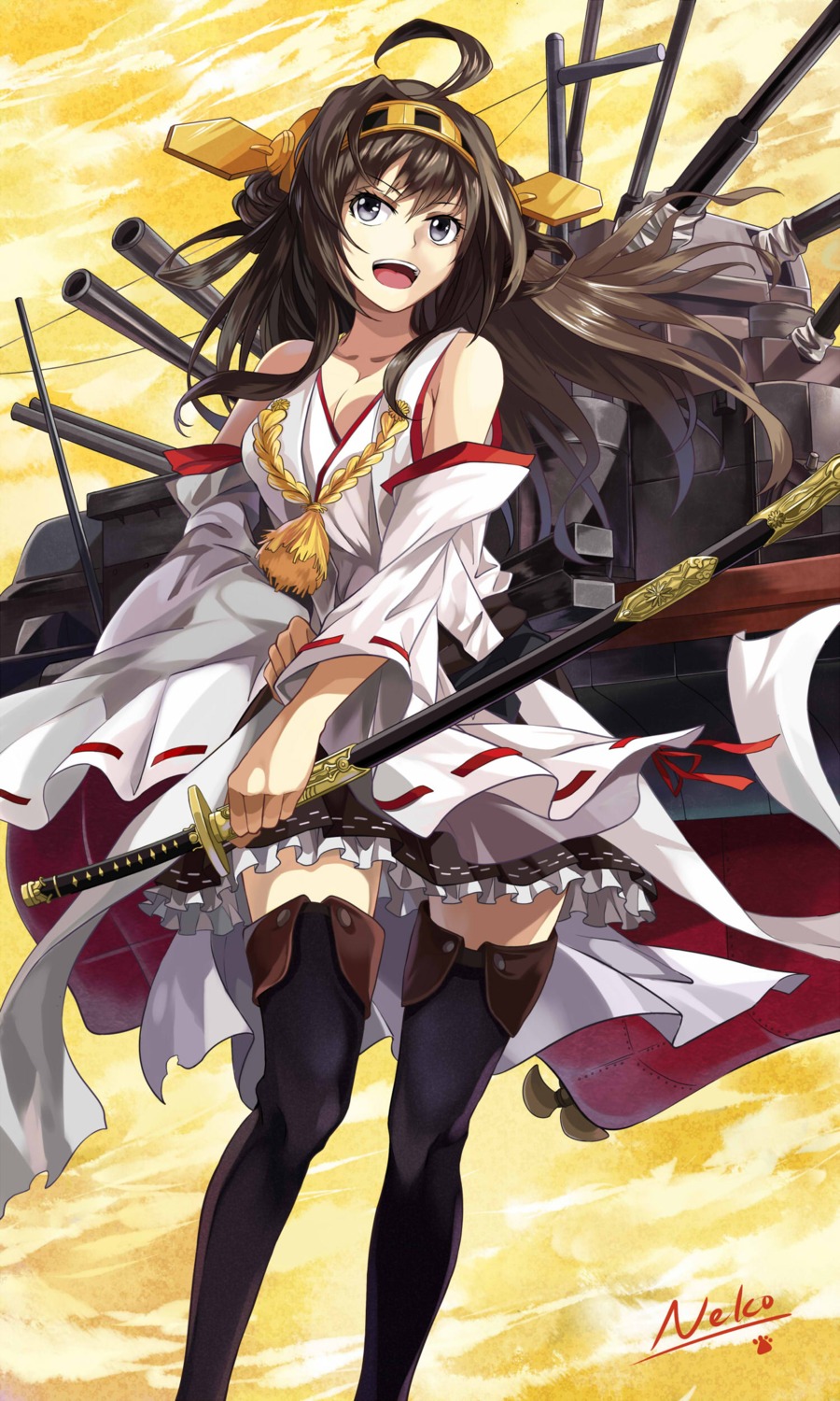 cleavage kantai_collection kongou_(kancolle) neko_(yanshoujie) sword thighhighs