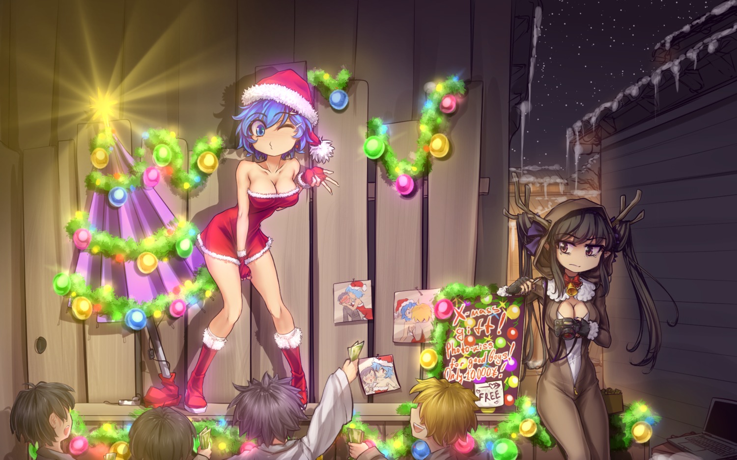 bodysuit christmas cleavage dress hater_(artist) horns leotard no_bra open_shirt pointy_ears touhou wallpaper