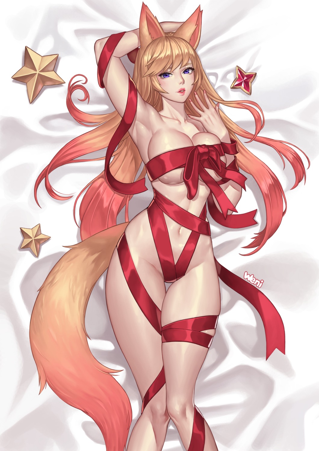 ahri animal_ears karmiel league_of_legends naked_ribbon tail