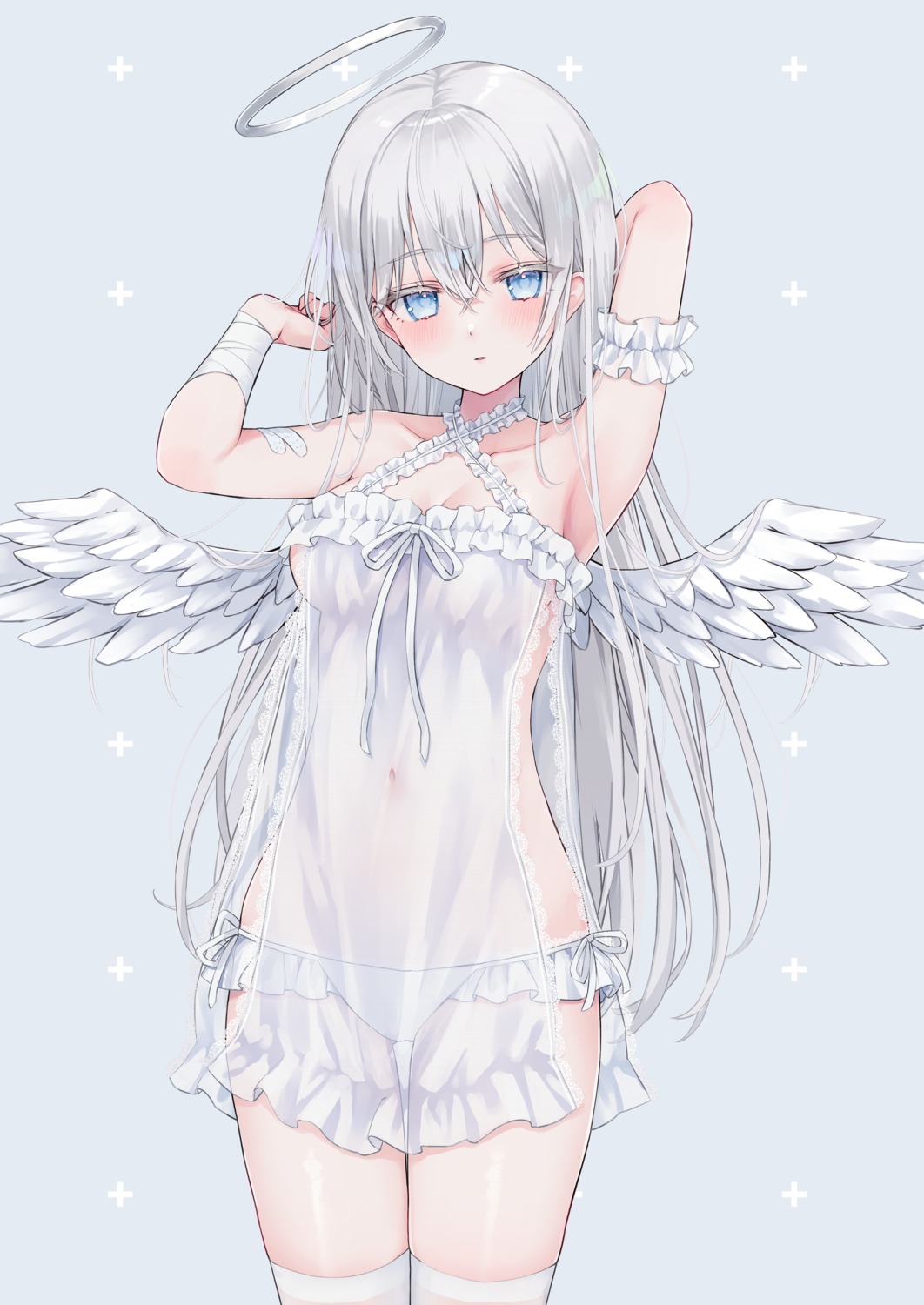 angel bandages bandaid lingerie pantsu see_through shano_hiyori string_panties thighhighs wings