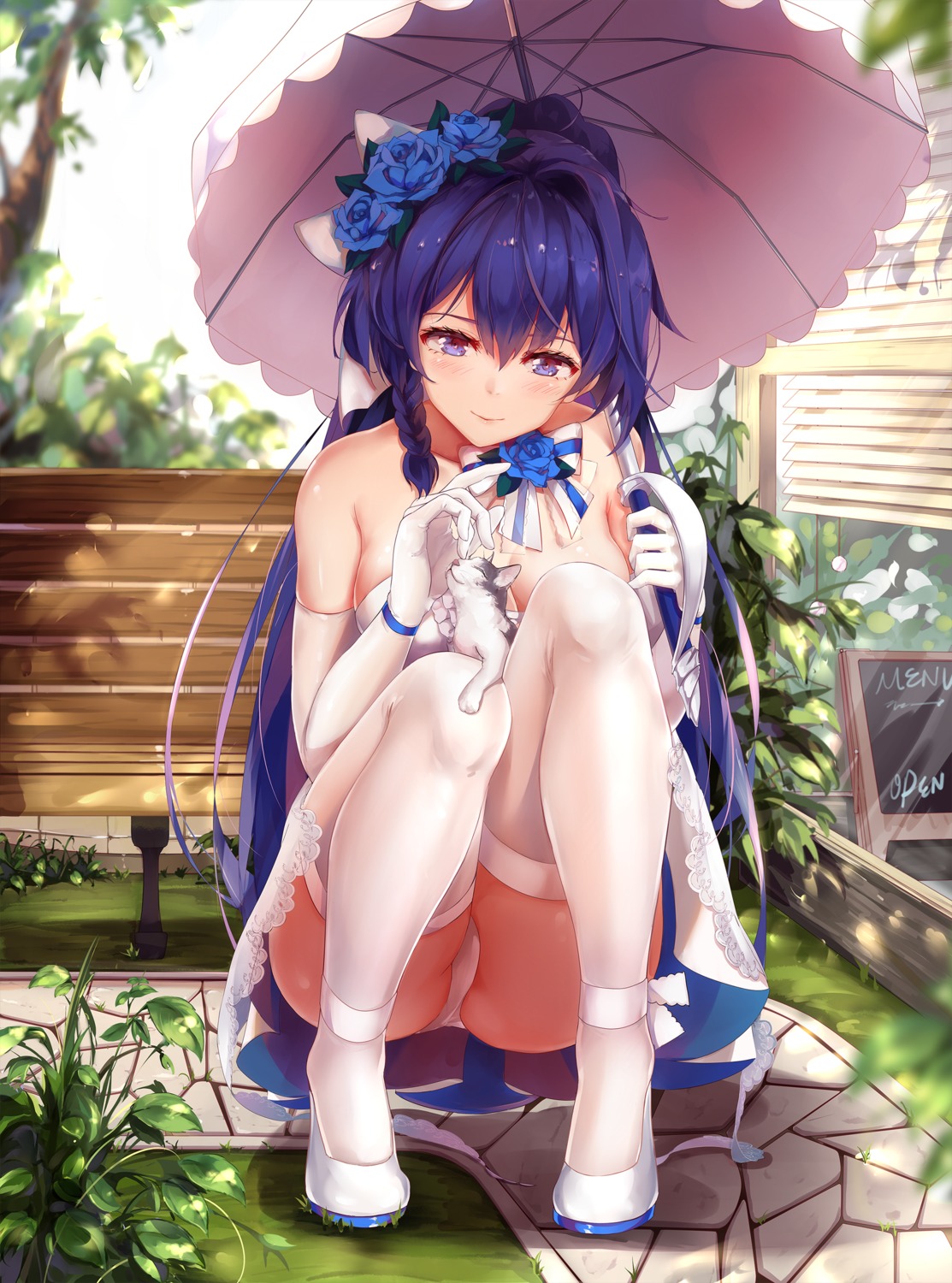 benghuai_xueyuan dress heels honkai_impact neko no_bra pantsu raiden_mei skirt_lift thighhighs umbrella zombie-andy