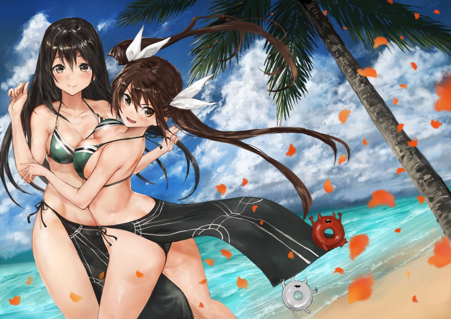 ass bikini bikini_top chikuma_(kancolle) kantai_collection skirt_lift swimsuits symmetrical_docking thong toka_(marchlizard) tone_(kancolle)