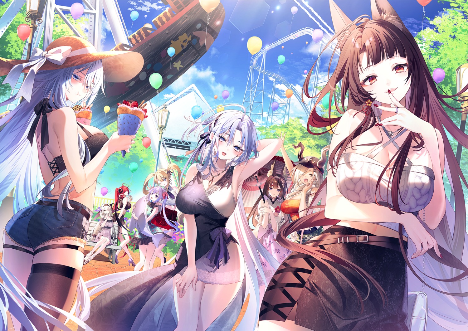 akagi_(azur_lane) alsace_(azur_lane) amagi_(azur_lane) animal_ears ass azur_lane dress garter guam_(azur_lane) heels hindenburg_(azur_lane) horns japanese_clothes kitsune owari_(azur_lane) pointy_ears riichu scylla_(azur_lane) sovetsky_soyuz_(azur_lane) thighhighs umbrella unicorn_(azur_lane)