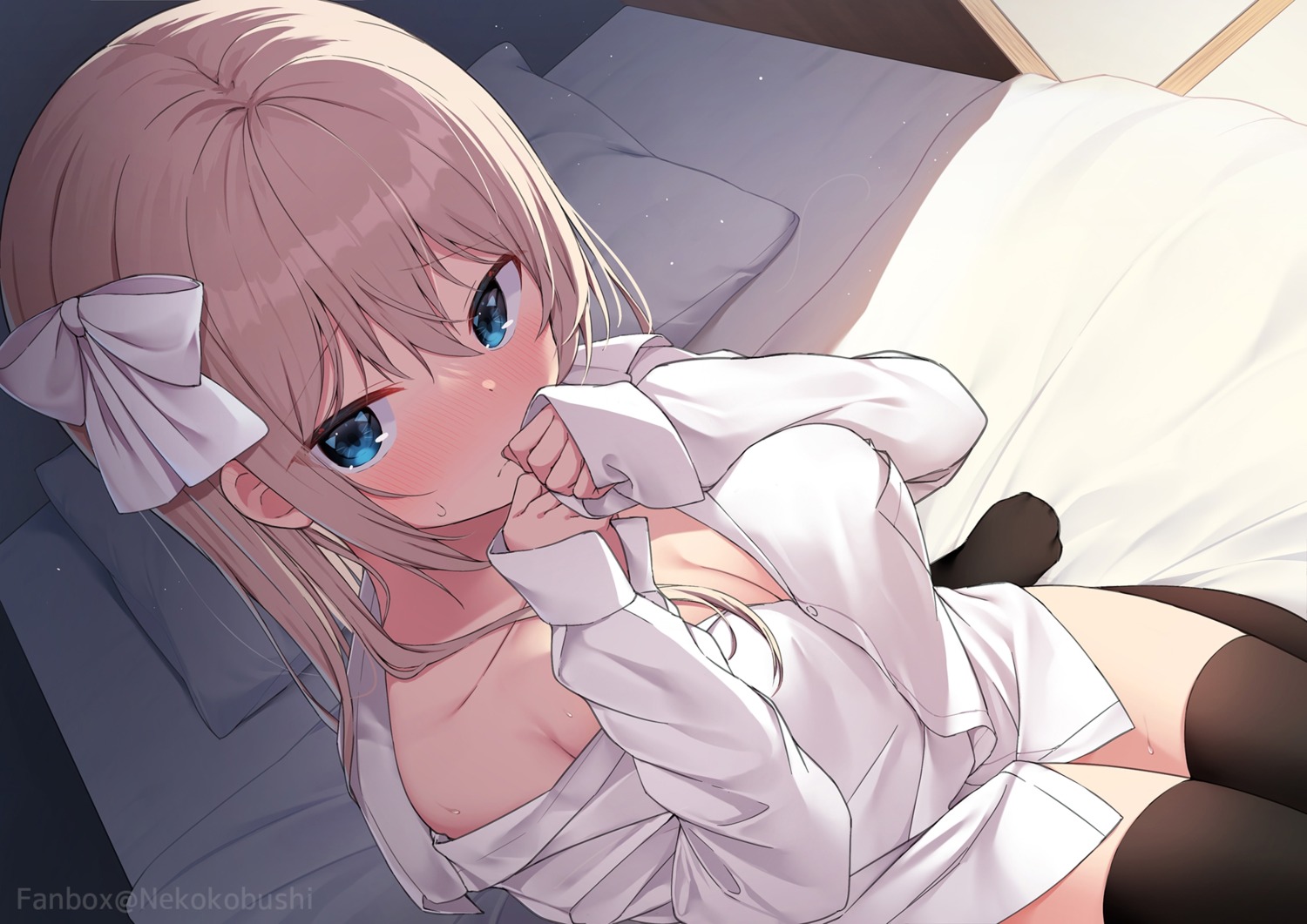 cleavage dress_shirt nekokobushi no_bra open_shirt thighhighs