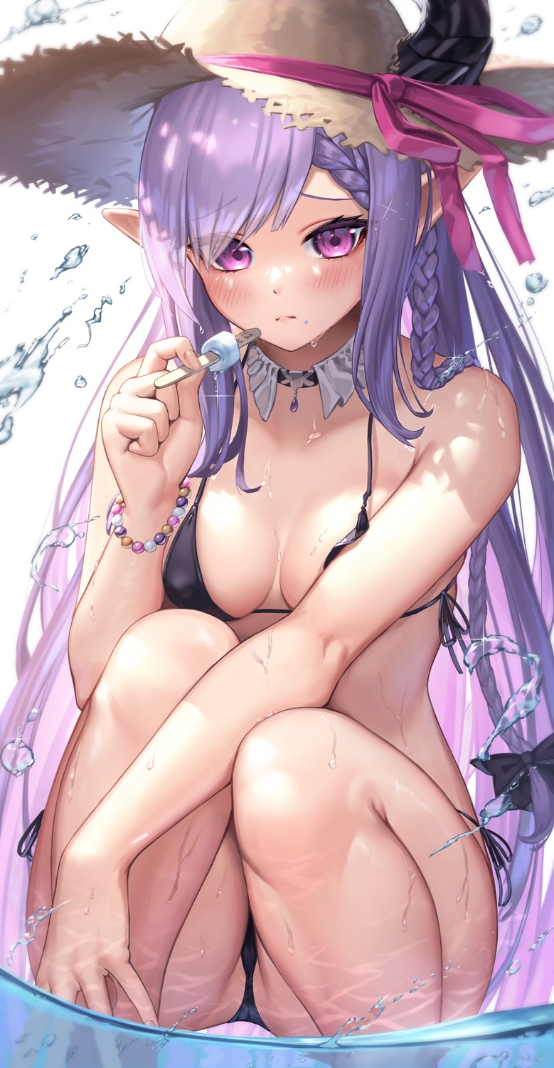 bikini horns pointy_ears suraimu_(suraimuraimu) swimsuits wet