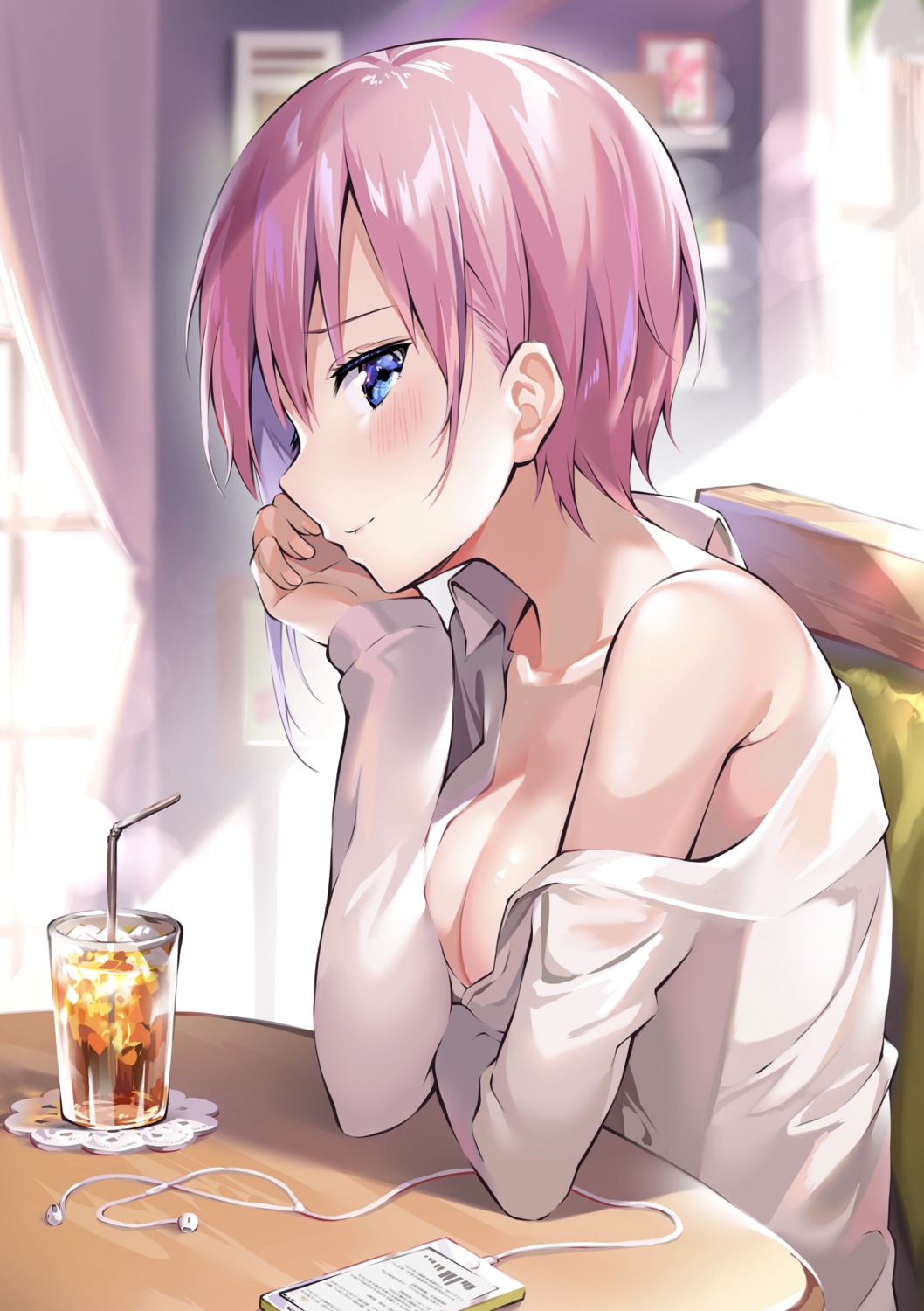 5-toubun_no_hanayome ale_nqki breast_hold cleavage nakano_ichika no_bra open_shirt see_through