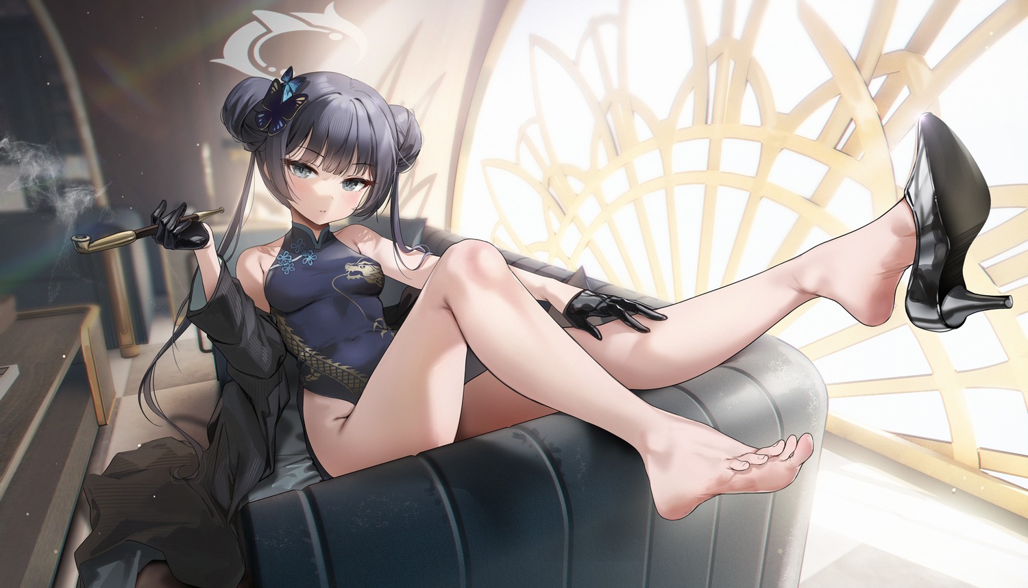 blue_archive chinadress feet gijang halo heels loli nopan ryuuge_kisaki smoking