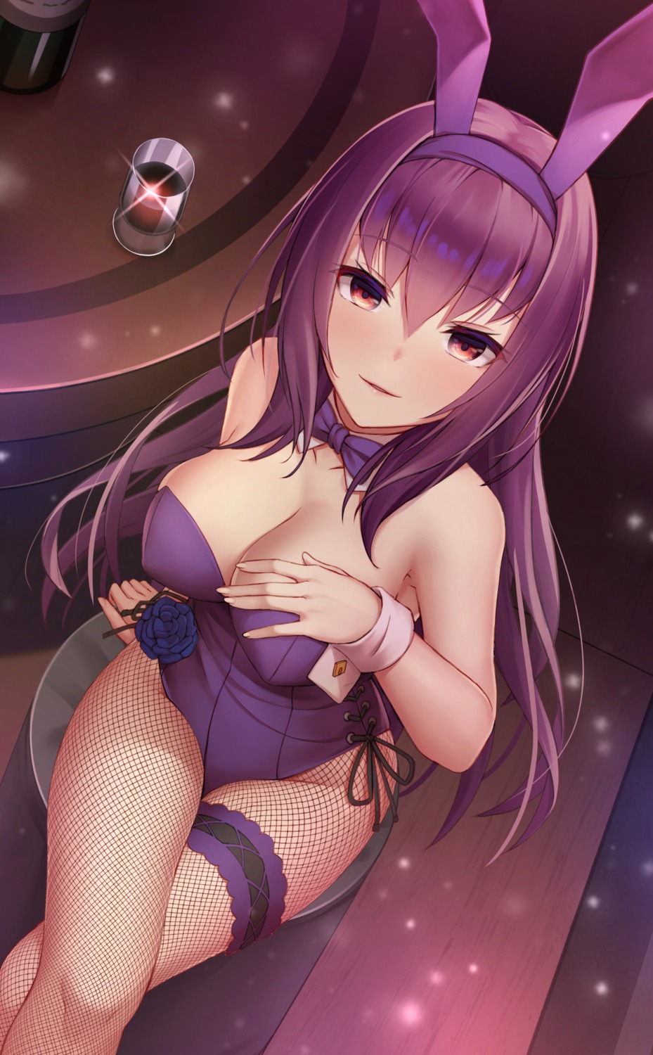 animal_ears bunny_ears bunny_girl cleavage erect_nipples fate/grand_order fishnets garter no_bra pantyhose scathach_(fate/grand_order) shoron