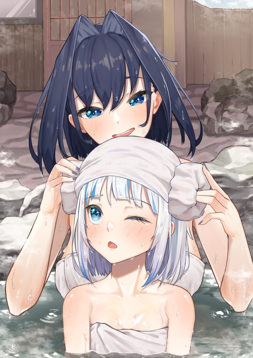 bangom_r bathing gawr_gura hololive hololive_english onsen ouro_kronii towel wet