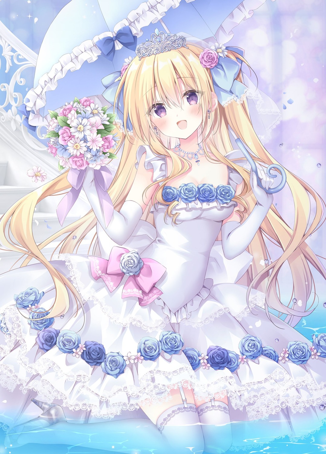 dress korie_riko no_bra stockings thighhighs umbrella wedding_dress wet