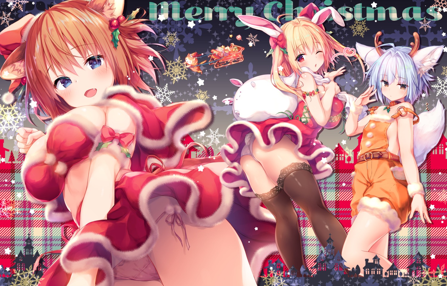 animal_ears ass bunny_ears cameltoe christmas dress horns konomi no_bra overalls pantsu skirt_lift string_panties tail thighhighs thong