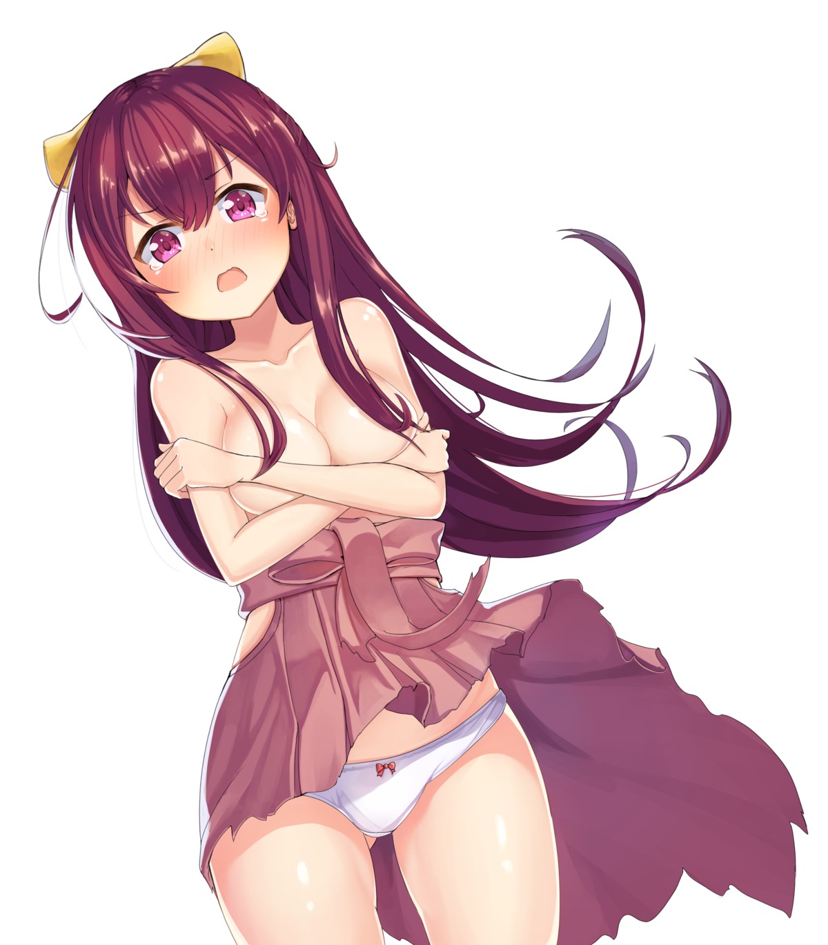 2drr breast_hold kamikaze_(kancolle) kantai_collection pantsu skirt_lift topless torn_clothes