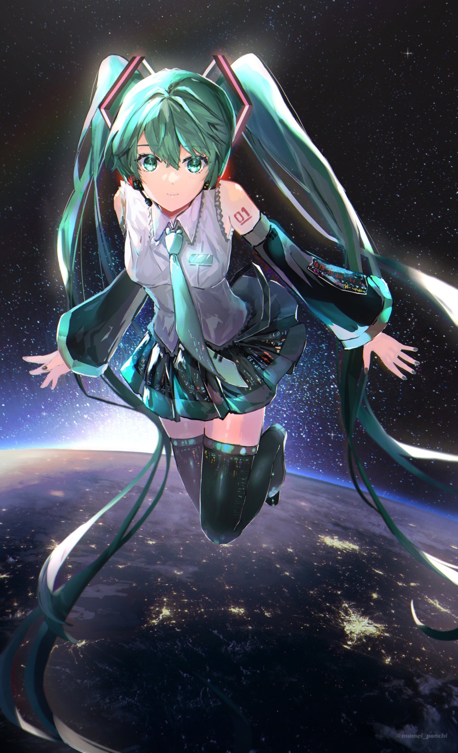 hatsune_miku headphones mumei_ponchi tattoo thighhighs vocaloid