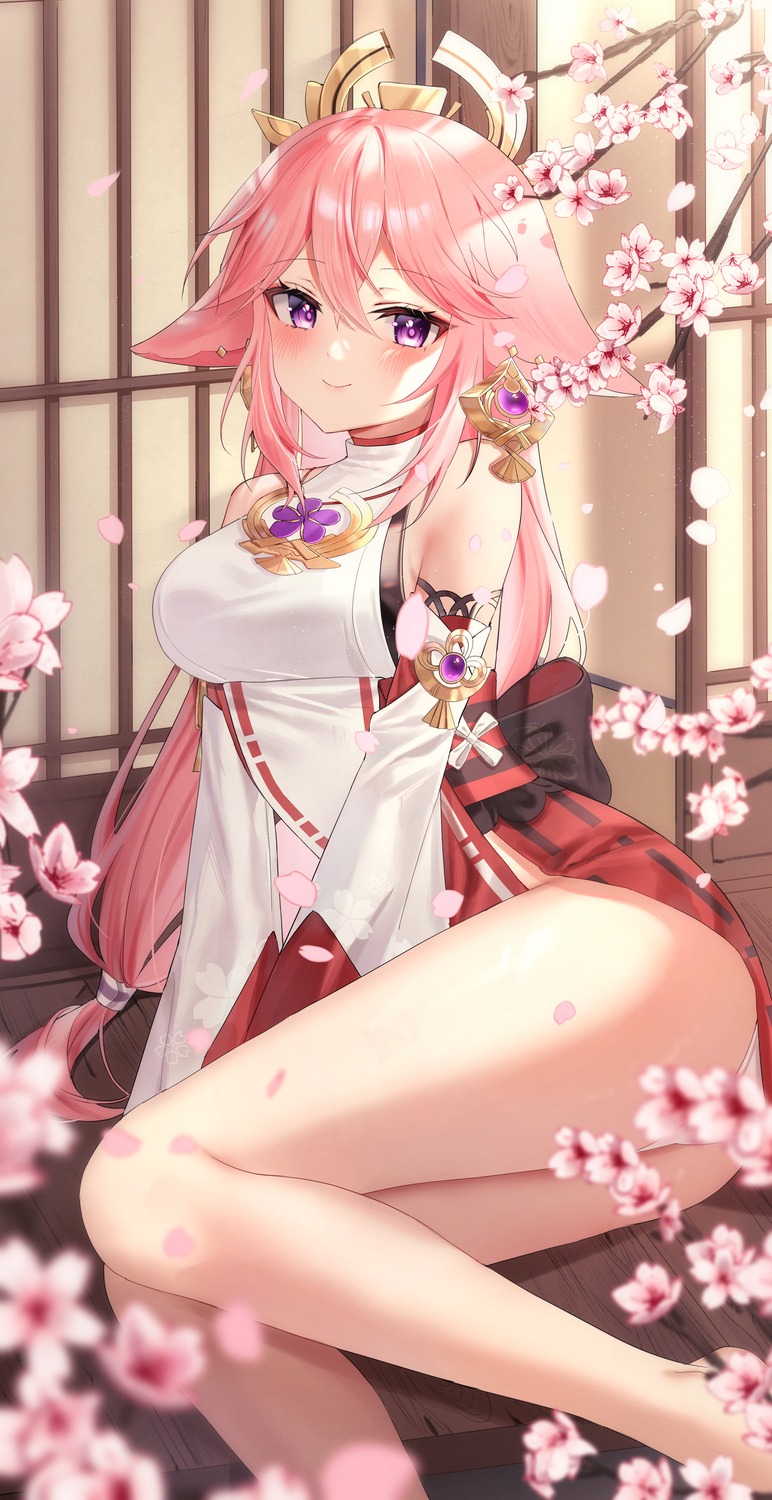 animal_ears educk genshin_impact japanese_clothes kitsune pantsu skirt_lift thong yae_miko