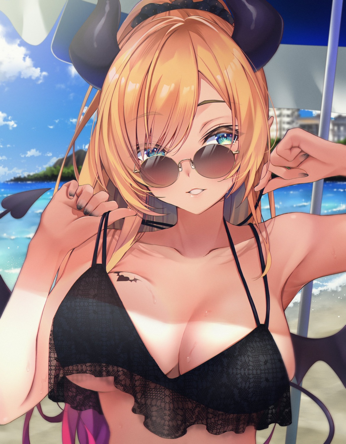 bikini_top hololive horns makinan megane pointy_ears see_through swimsuits tail tattoo undressing wings yuzuki_choco