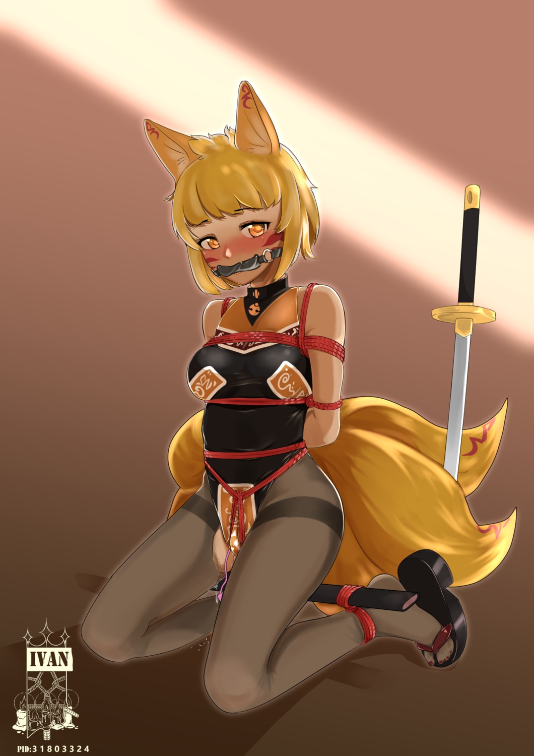 animal_ears bondage ivanfx kitsune leotard pantyhose pussy_juice sword tail torn_clothes vibrator