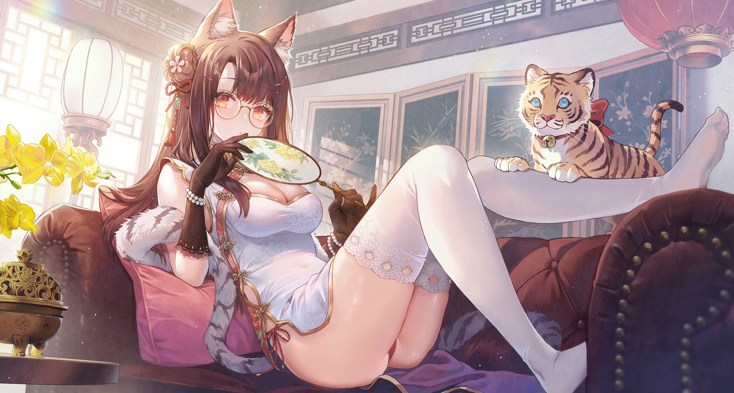 animal_ears chinadress lino_chang megane nekomimi pantsu skirt_lift string_panties tail thighhighs thong