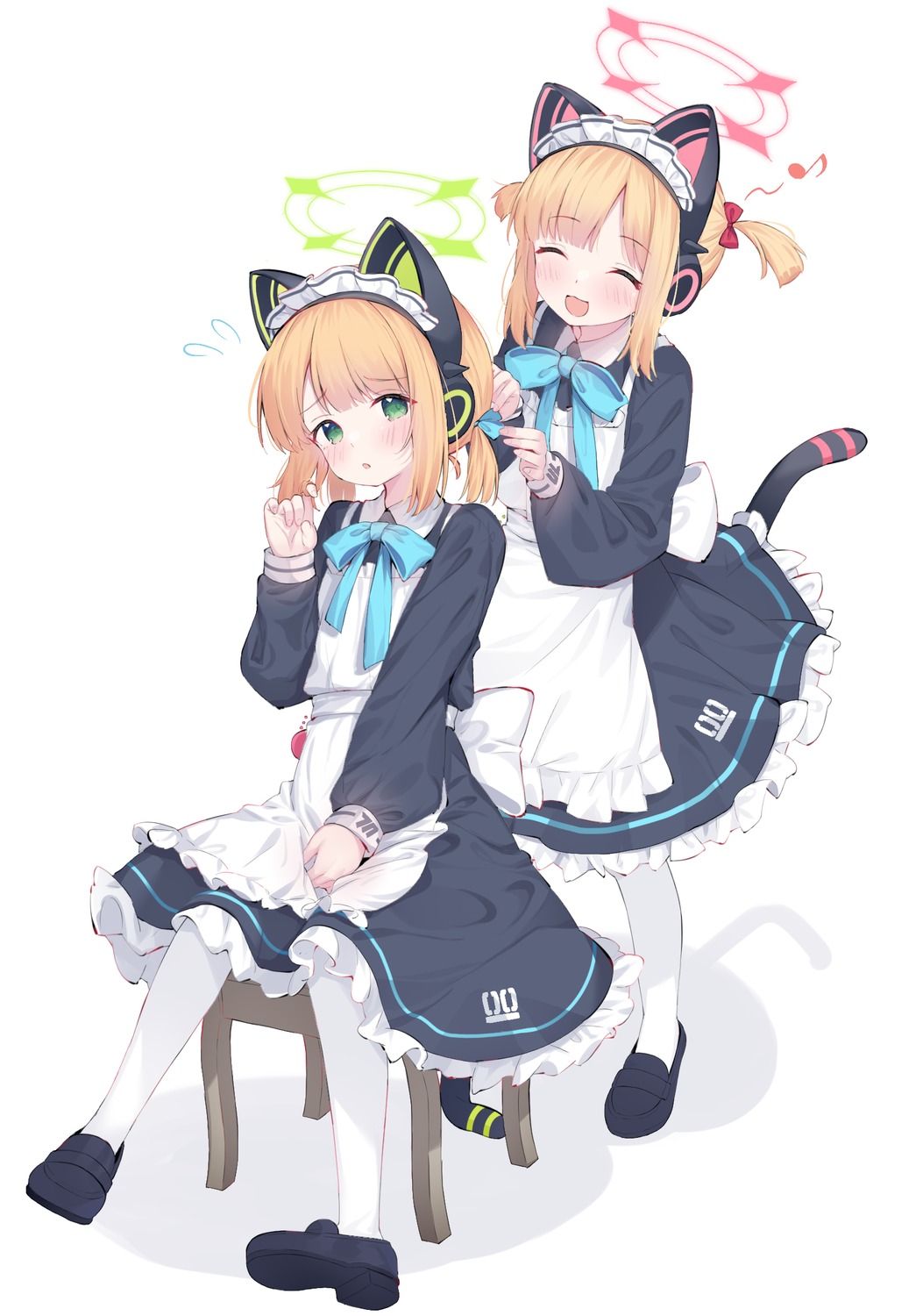 animal_ears blue_archive halo headphones leafpie_zaurus maid nekomimi pantyhose saiba_midori saiba_momoi tail