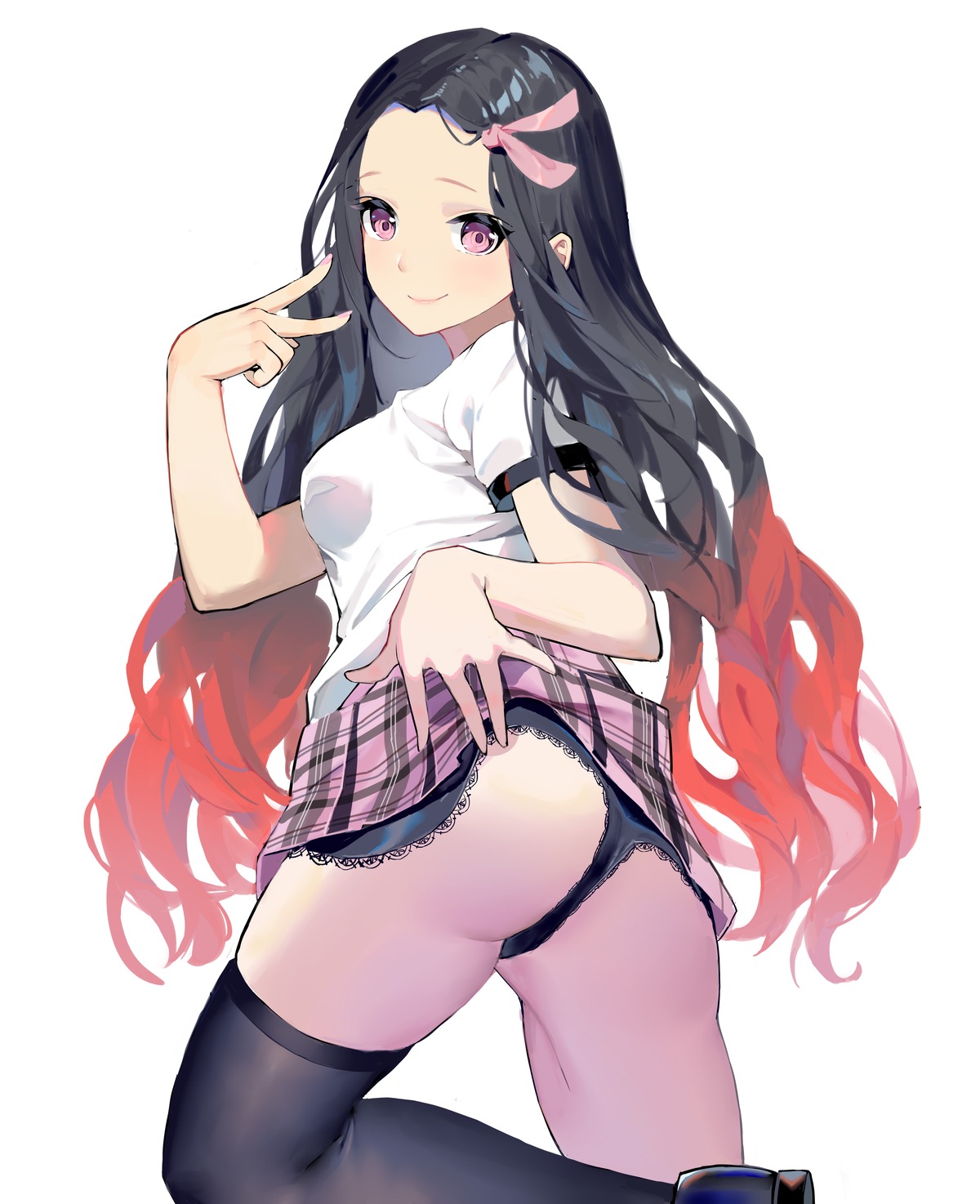 ass kamado_nezuko kimetsu_no_yaiba lazy_scorpion pantsu skirt_lift thighhighs thong