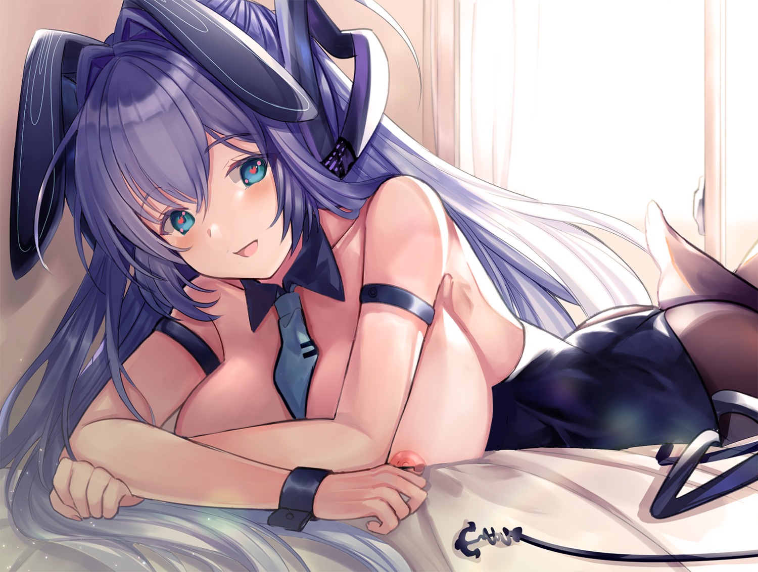 animal_ears azur_lane breasts bunny_ears bunny_girl new_jersey_(azur_lane) nipples no_bra pantyhose shibaebi_(yasaip_game)