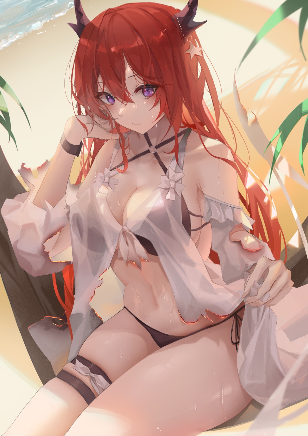 arknights bikini garter horns see_through surtr_(arknights) swimsuits torn_clothes turbulence wet