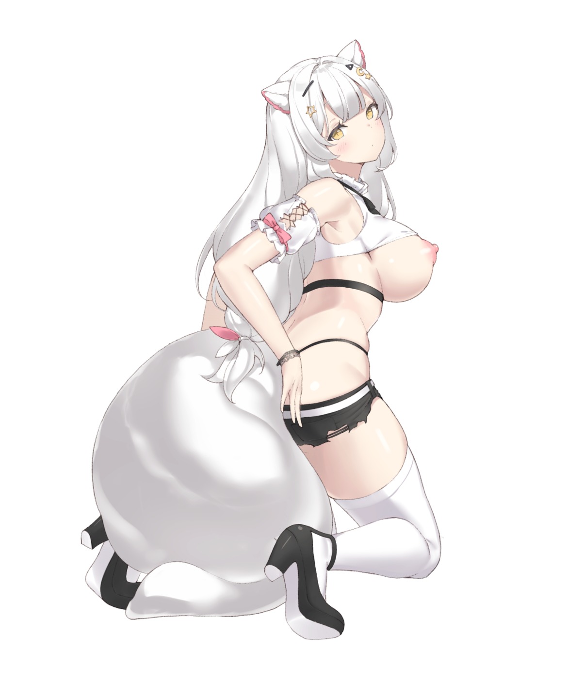 animal_ears arctic_fox_(_ppo) heels keibeam nipples shirt_lift tail thighhighs