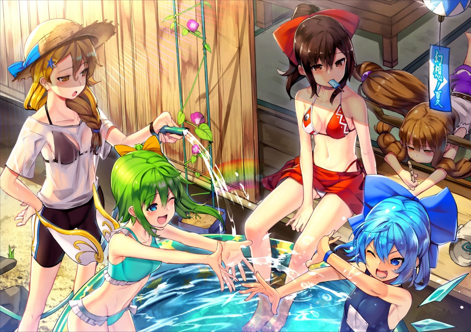 bike_shorts bikini cirno cleavage daiyousei hakurei_reimu ibuki_suika kirisame_marisa school_swimsuit scottie see_through swimsuits touhou wet wet_clothes wings