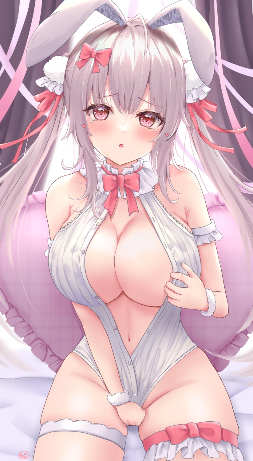 animal_ears bunny_ears bunny_girl garter no_bra open_shirt undressing uni_ikura_(un1kura)