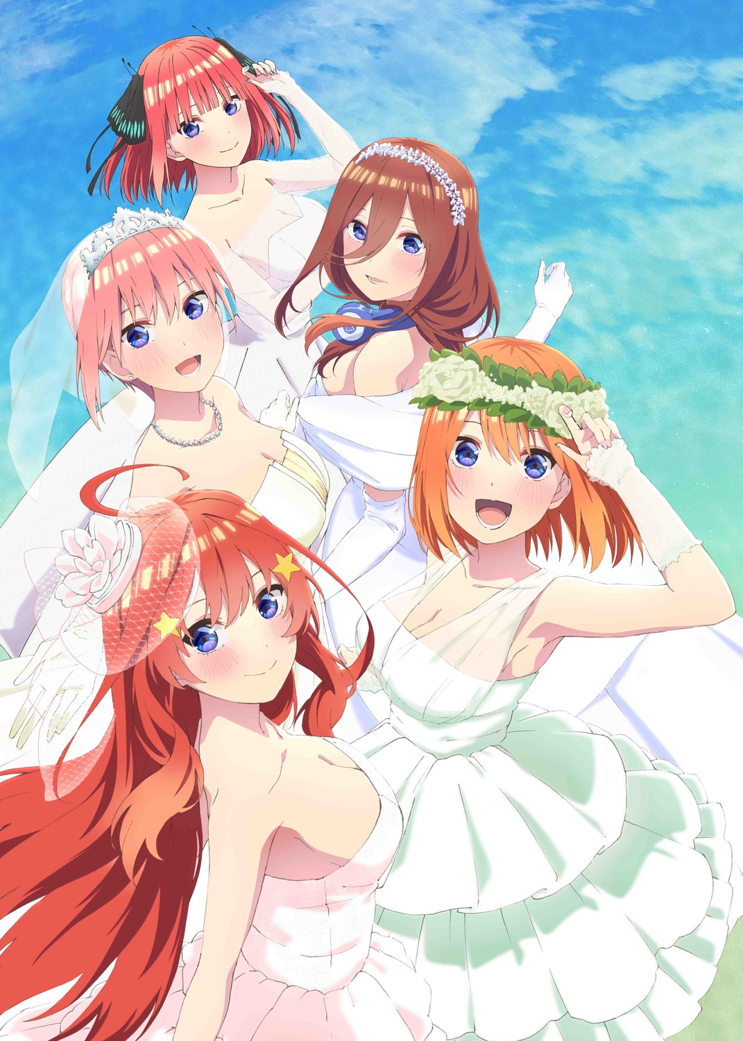 5-toubun_no_hanayome cleavage dress headphones jpeg_artifacts nakano_ichika nakano_itsuki nakano_miku nakano_nino nakano_yotsuba no_bra see_through tagme wedding_dress