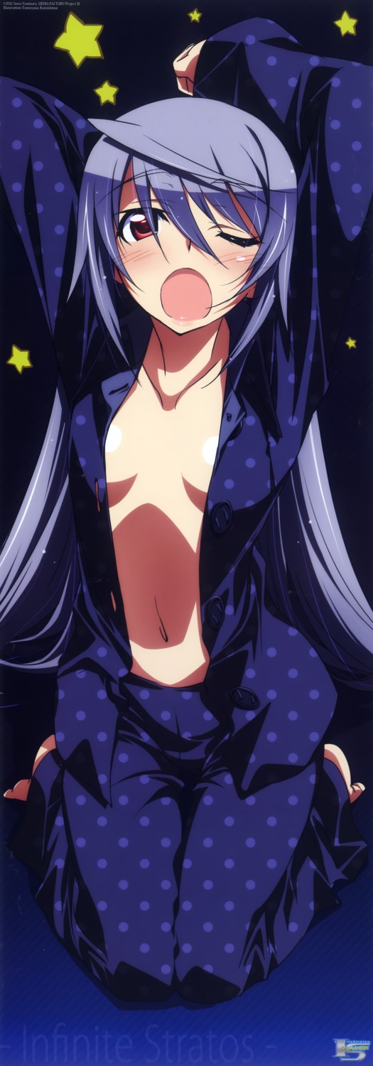 cleavage infinite_stratos kurashima_tomoyasu laura_bodewig no_bra open_shirt pajama stick_poster