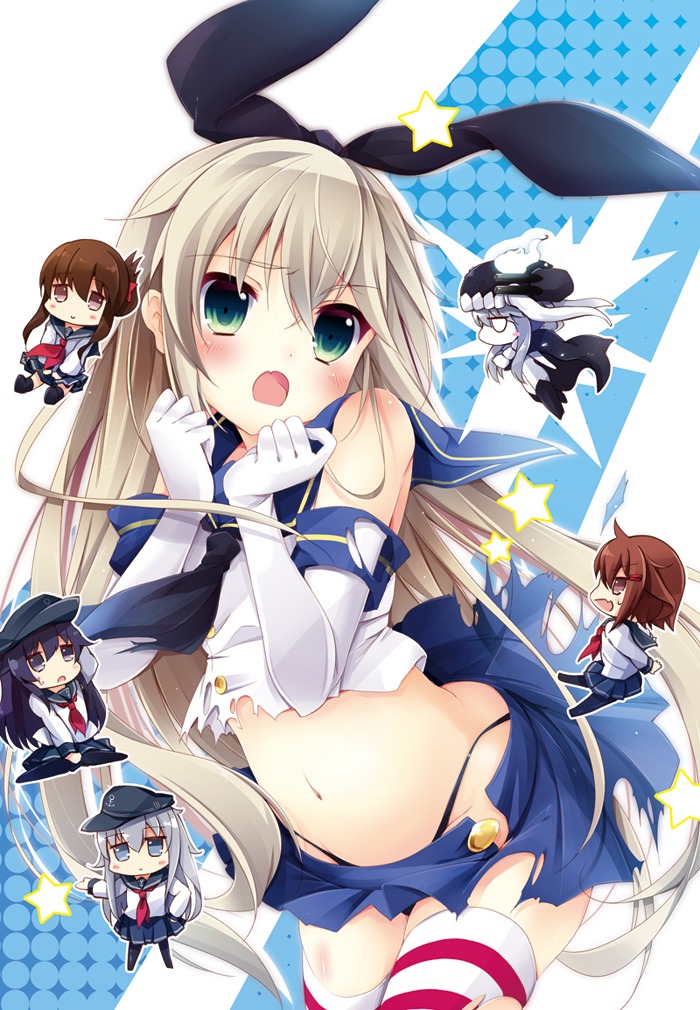 akatsuki_(kancolle) chibi hibiki_(kancolle) ikazuchi_(kancolle) inazuma_(kancolle) kantai_collection nanamomo_rio pantsu rensouhou-chan shimakaze_(kancolle) thighhighs torn_clothes wo-class_aircraft_carrier