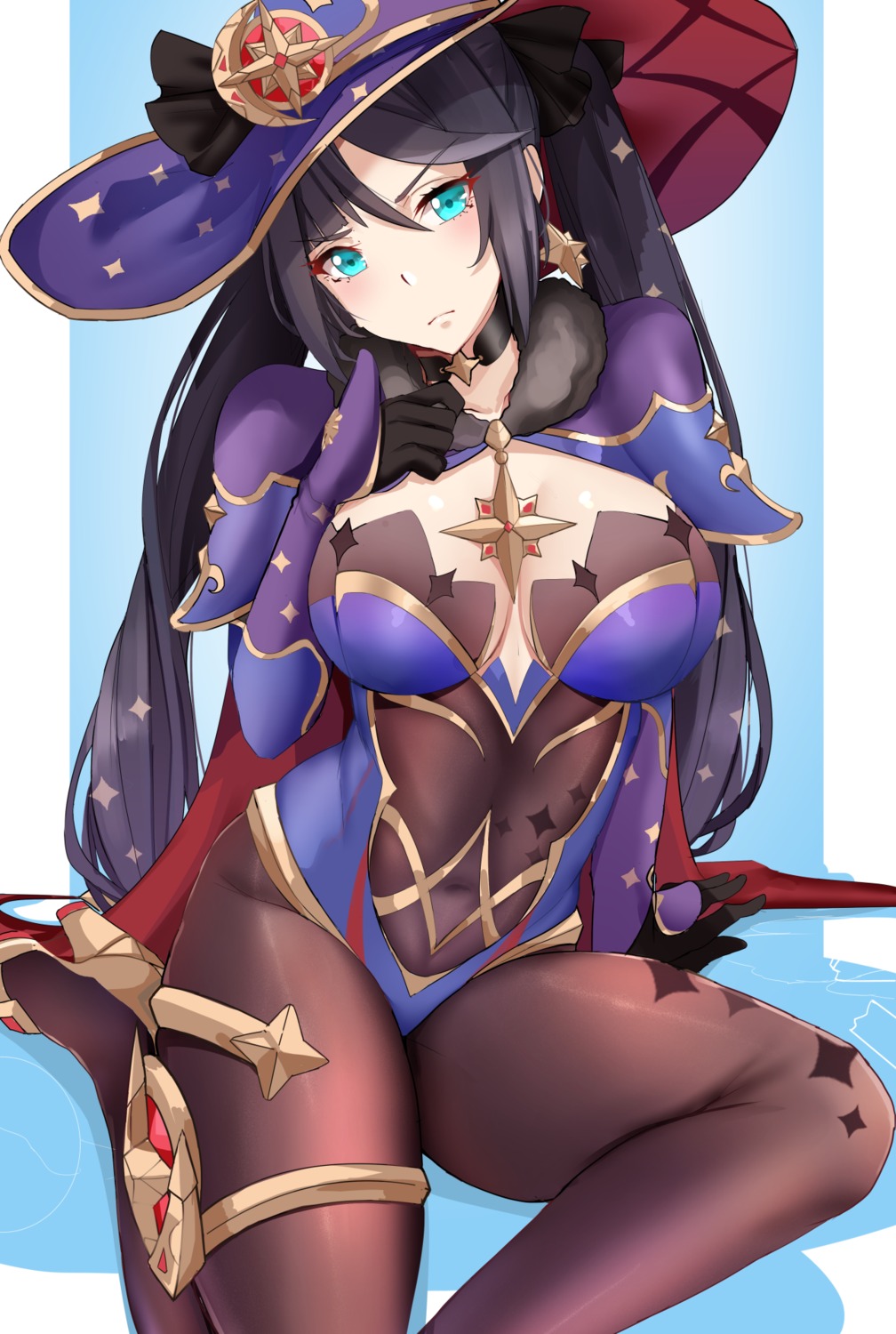 cleavage garter genshin_impact heels leotard mona_megistus no_bra noise_paper pantyhose witch