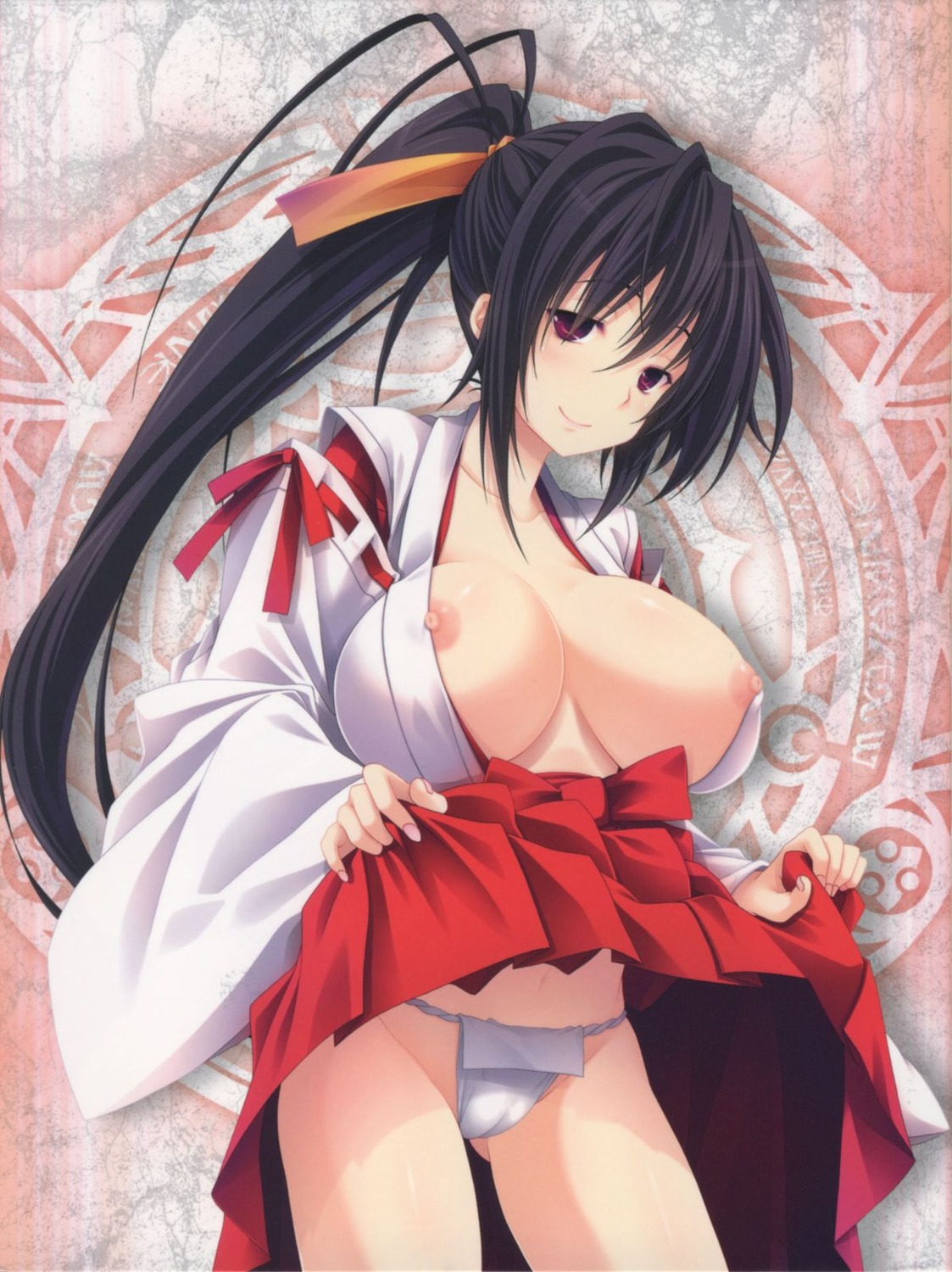 breasts cameltoe fundoshi highschool_dxd himejima_akeno jpeg_artifacts miko miyama-zero nipples no_bra open_shirt skirt_lift