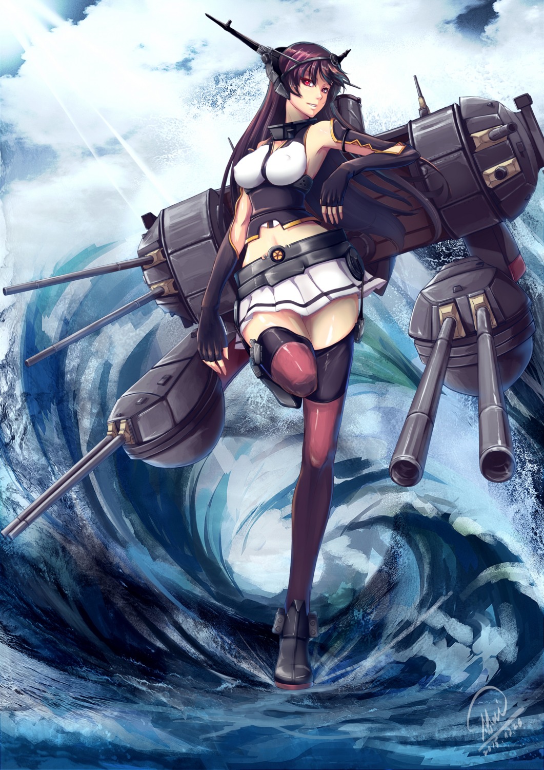 erect_nipples kantai_collection nagato_(kancolle) no_bra shou_mai stockings thighhighs