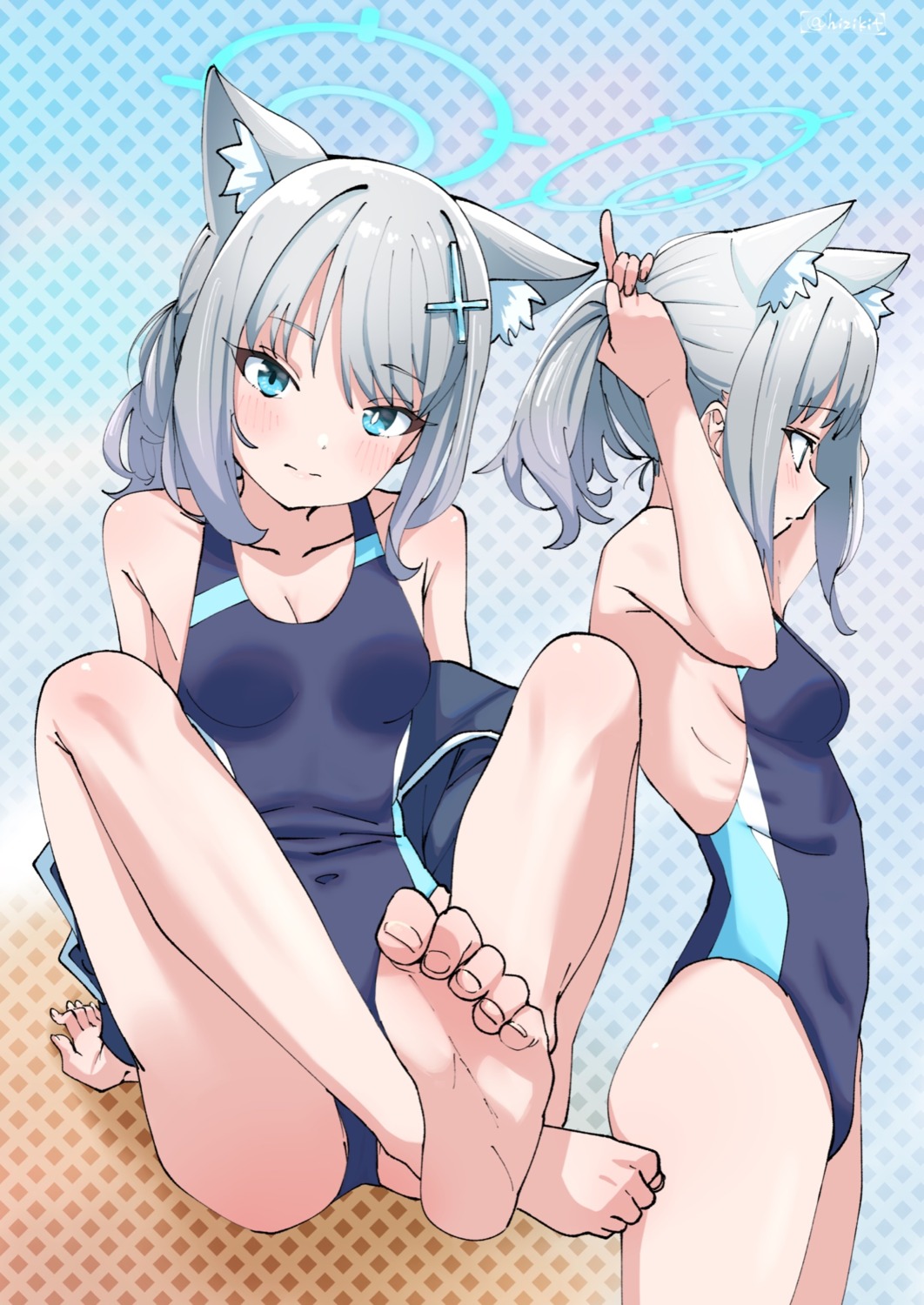 animal_ears blue_archive cleavage feet halo hizikit nekomimi sunaookami_shiroko swimsuits