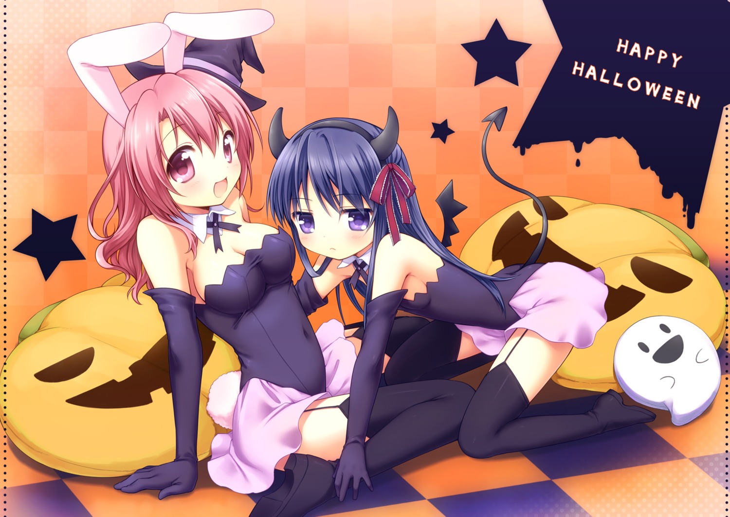 animal_ears bunny_ears cleavage halloween horns sakura_(mani) stockings tail thighhighs usashiro_mani