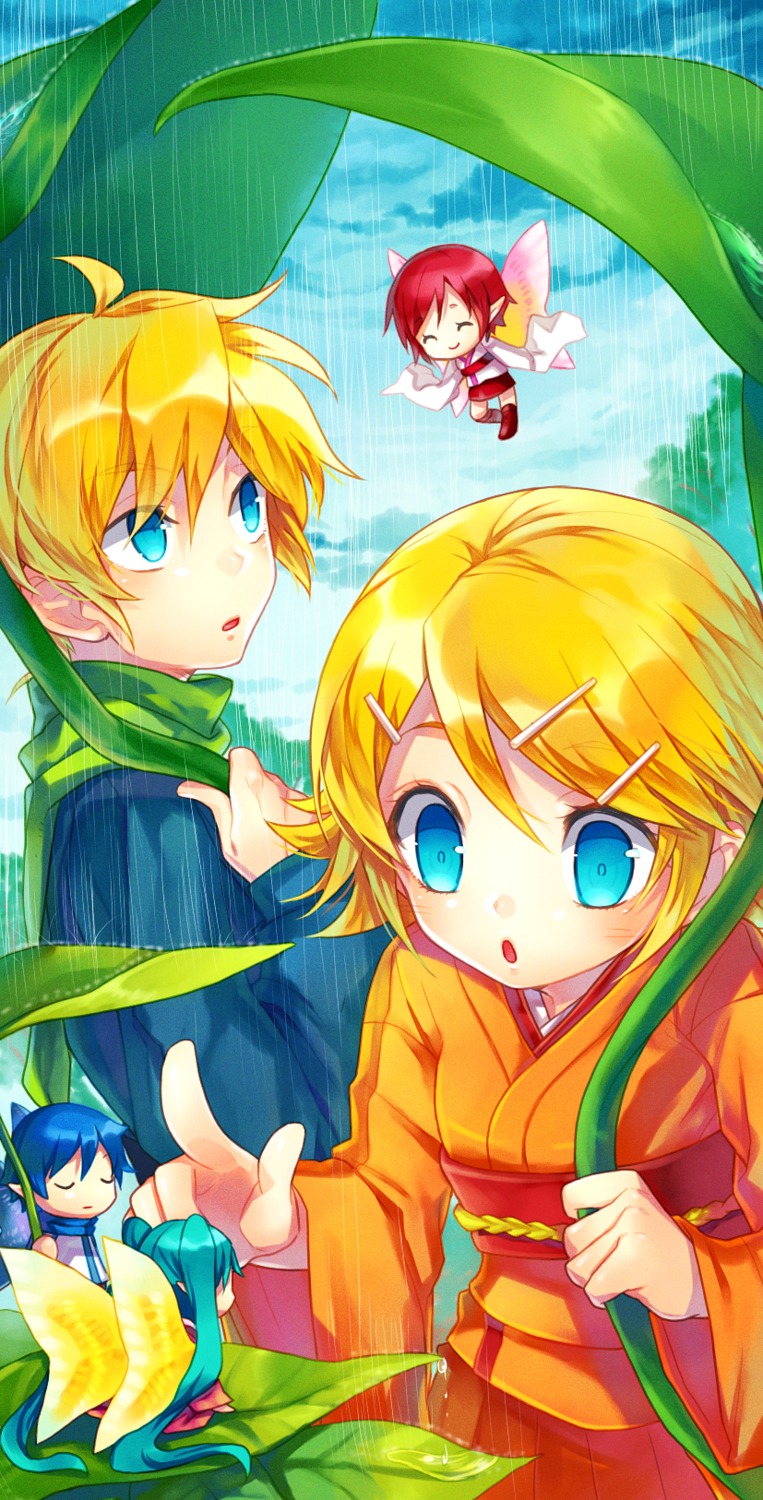 fairy hatsune_miku kagamine_len kagamine_rin kaito kimono meiko renta vocaloid wings