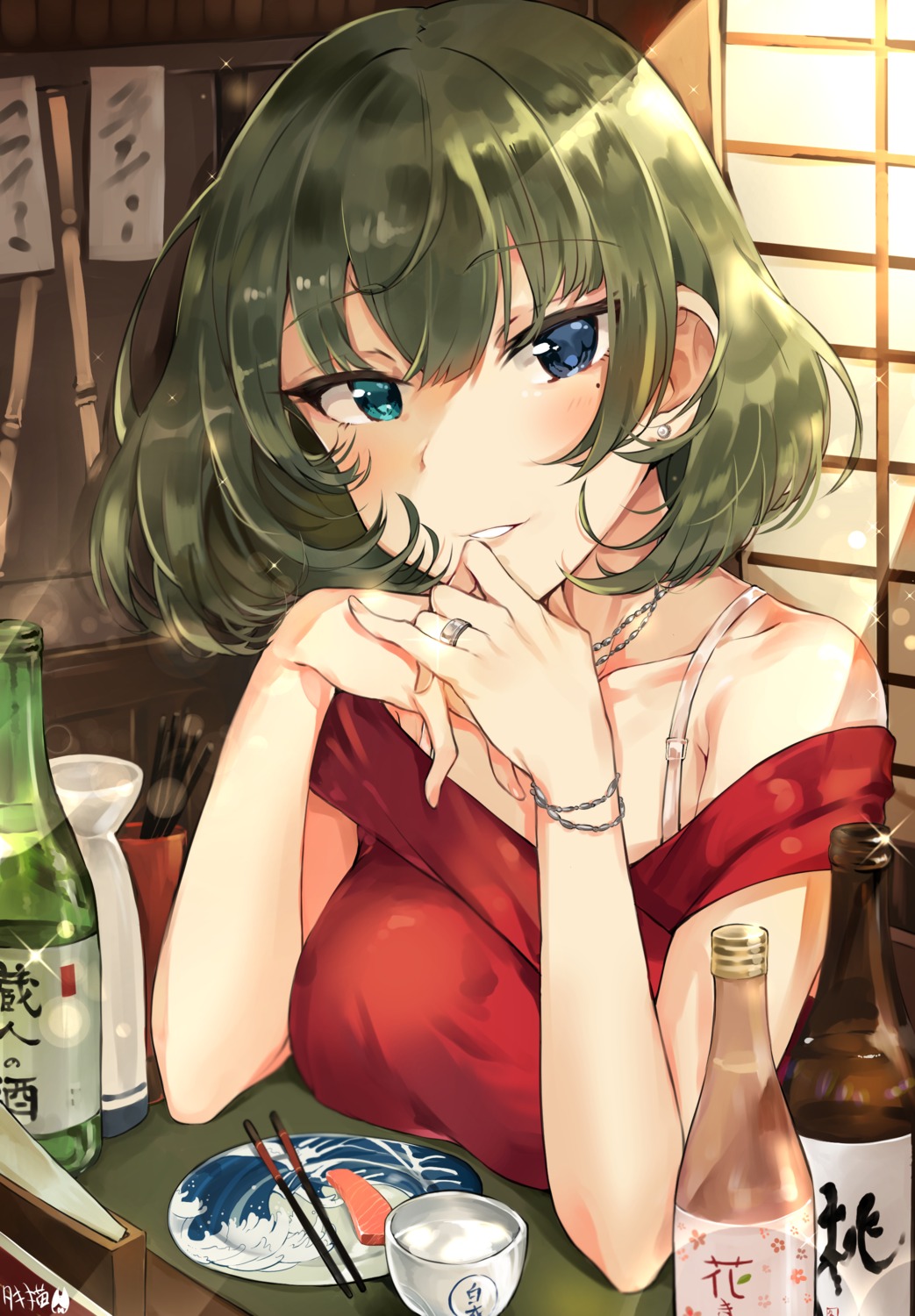 bra heterochromia sake takagaki_kaede the_idolm@ster the_idolm@ster_cinderella_girls tuxedo_de_cat