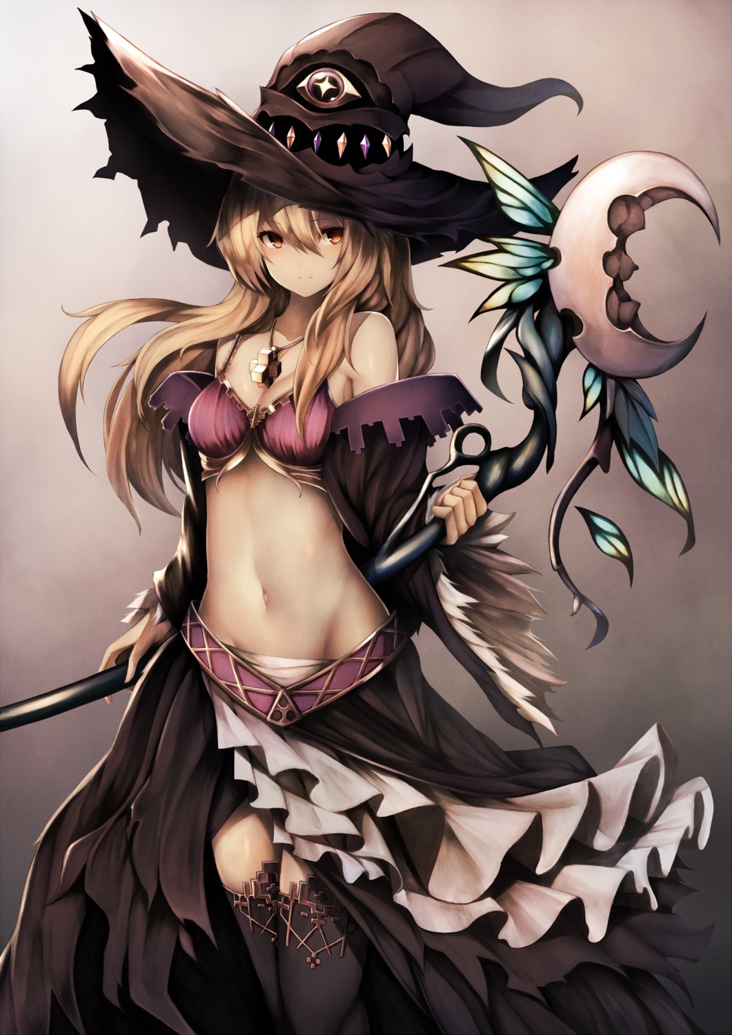bra cleavage dorothy_(shadowverse) nopan open_shirt shadowverse snm_(sunimi) thighhighs weapon witch