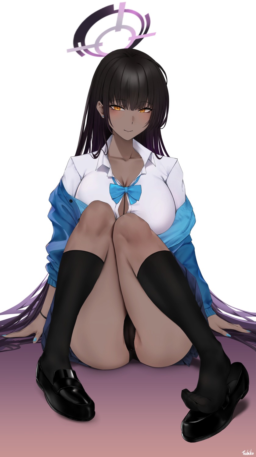 blue_archive cameltoe cleavage halo kakudate_karin open_shirt pantsu seifuku skirt_lift sweater thong tobiko