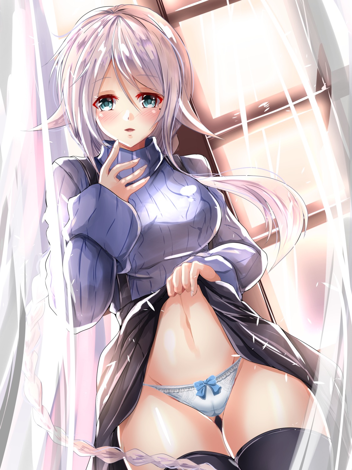 cameltoe kantai_collection kentan_(kingtaiki) pantsu skirt_lift sweater thighhighs umikaze_(kancolle)