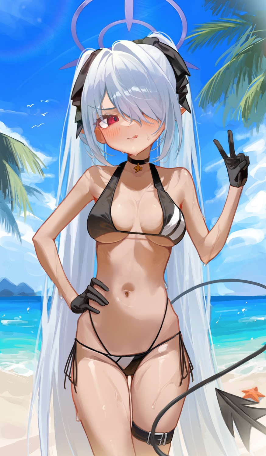 alpha_beast bikini blue_archive garter halo pointy_ears shiromi_iori swimsuits tail wet