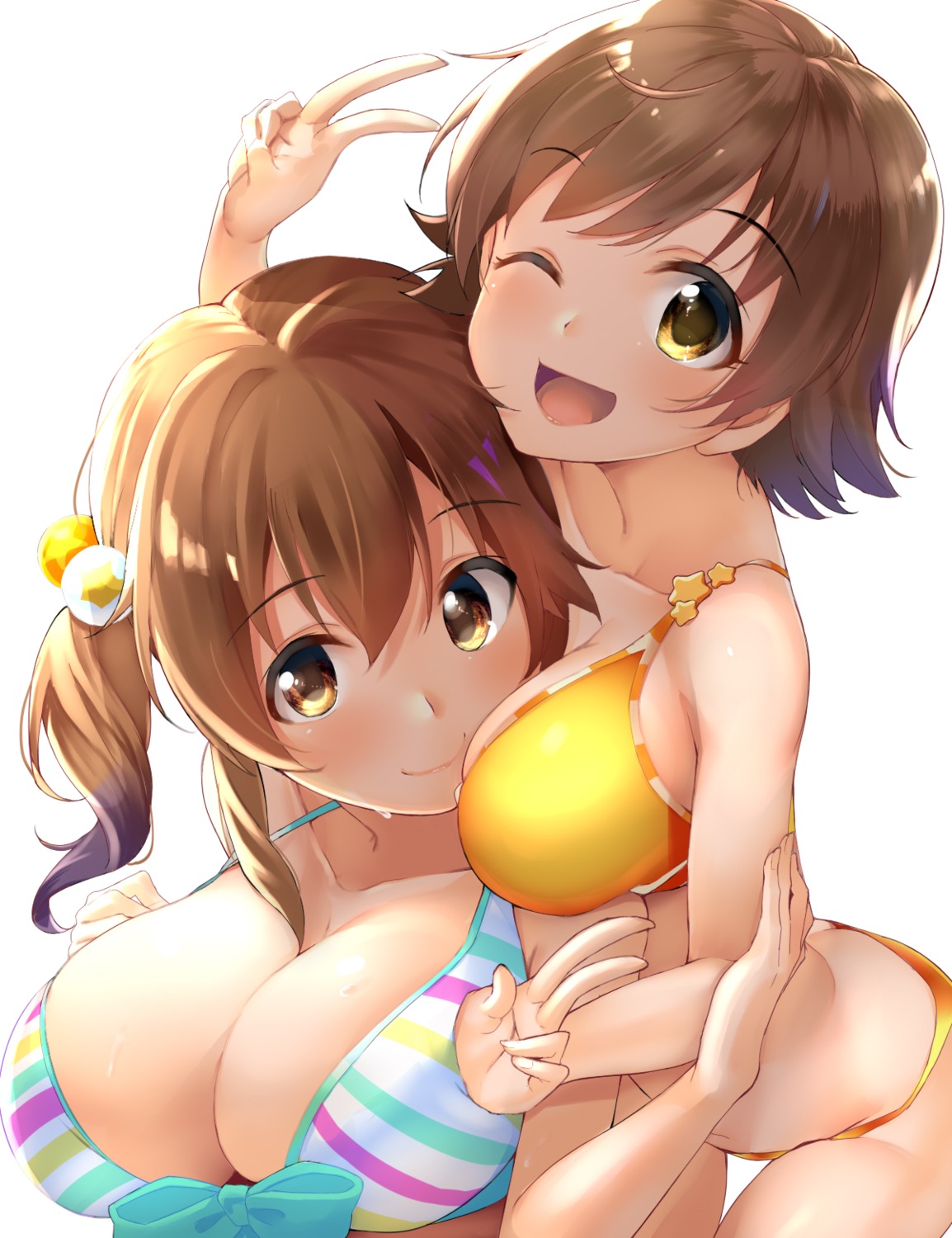 bikini bikini_top breast_hold cleavage honda_mio kon5283 swimsuits the_idolm@ster the_idolm@ster_cinderella_girls totoki_airi wet yuri